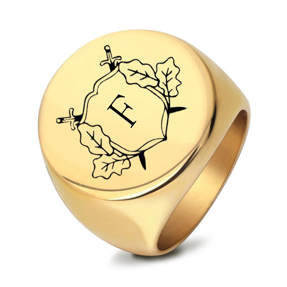 22MM Circular Retro Laser Double Sword Leaf Letter Titanium Steel Ring Stainless Steel Fashion Jewelry