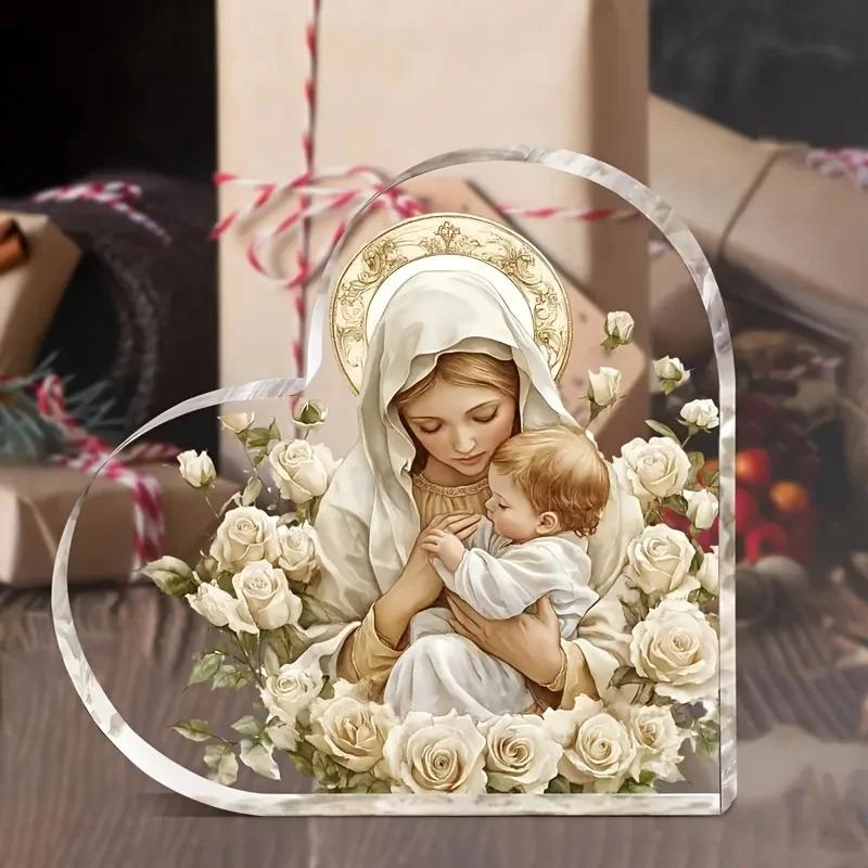 2D Flat Religious Heart-shaped Acrylic Tabletop Decoration, Home Decor Plaque Hanging Wall Art Decorative Garden Decoration for Room Door Signs Hangin