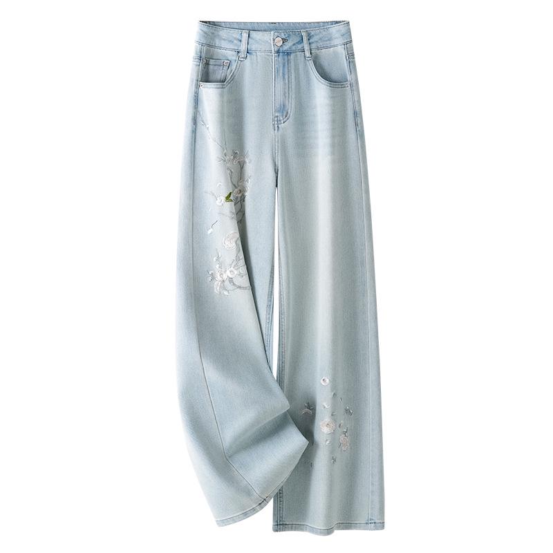 Women s Light Embroidered High-Waisted Summer Jeans - 2025 Loose Relaxed Straight-Leg Pants L