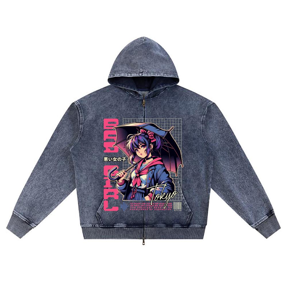 

DTG print Knitted Denim Zip-Up Hoodie Bad Girl Anime Brother Print Zipper Hoodies XL
