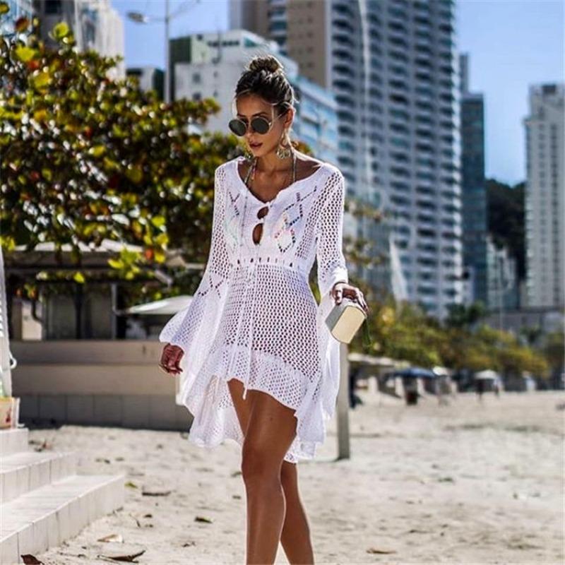 Women's Hollow Out Sun Shirt Flared Sleeve Beach Cover Up Bikini Outer Shirt Knitwear
