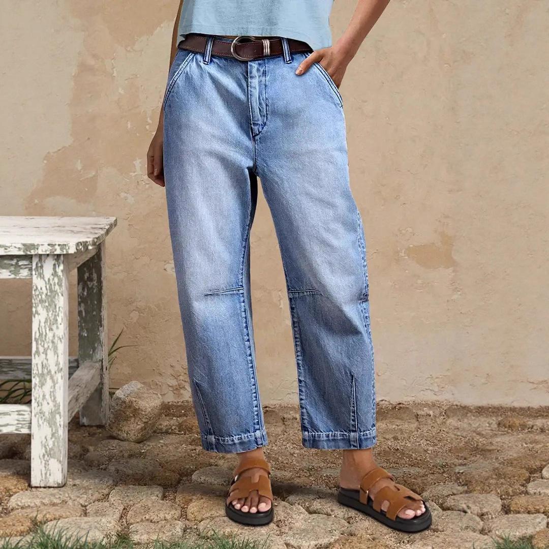 

2026 Spring/Summer Women s Casual Fashion High-Waisted Wide-Leg Straight Denim Cropped Pants S светло-синий