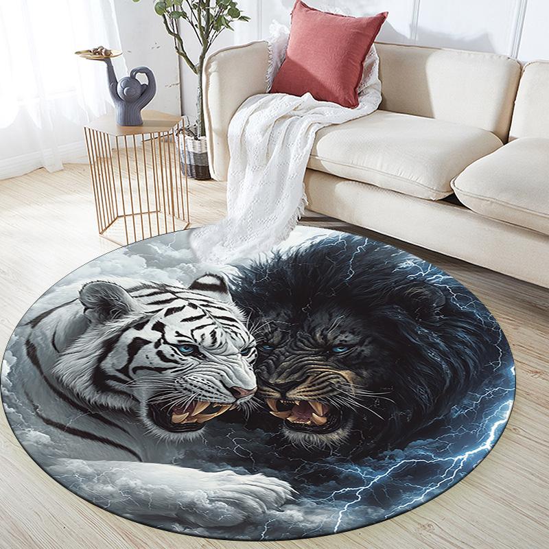 Yin Yang Tiger Lion Round Area Rug,Carpet Rug for Living Room Bedroom Sofa Playroom Decor,Non-slip Floor Mat