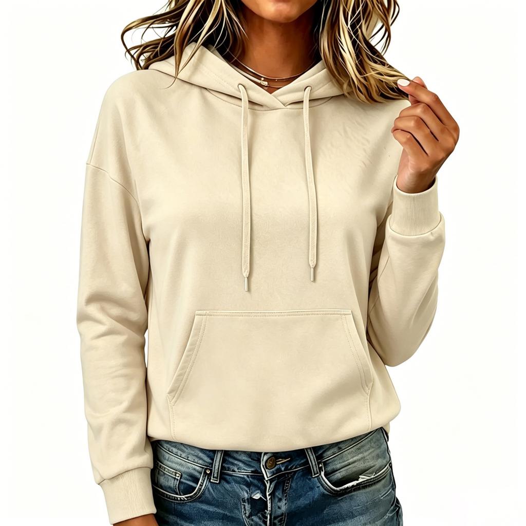 Women's Fashion Long Sleeve Hoodie Pullover Sweatshirt Solid Color Pocket Casual Pullover Sweatshirt with Drawstring Hood and Front Pocket