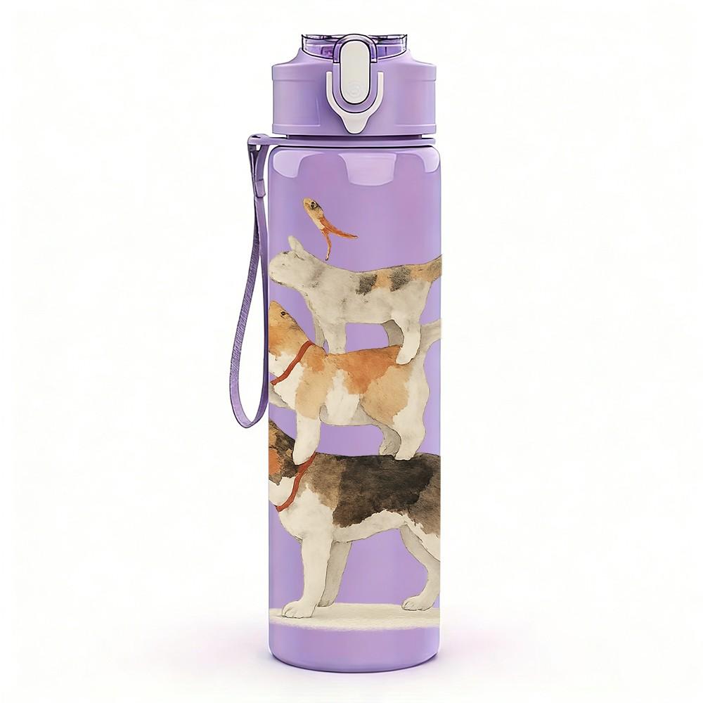 1PC Stacked Three Cats Cartoon 750ml Color Plastic Sports Water Bottle Leakproof Flip Straw Lid For Sports Office Home Use
