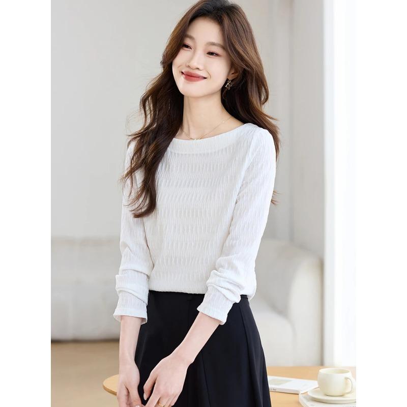 

Women s White Boat Neck Long Sleeve T-shirt Slim Fit Cropped Base Layer Top For Spring 2026 L белый