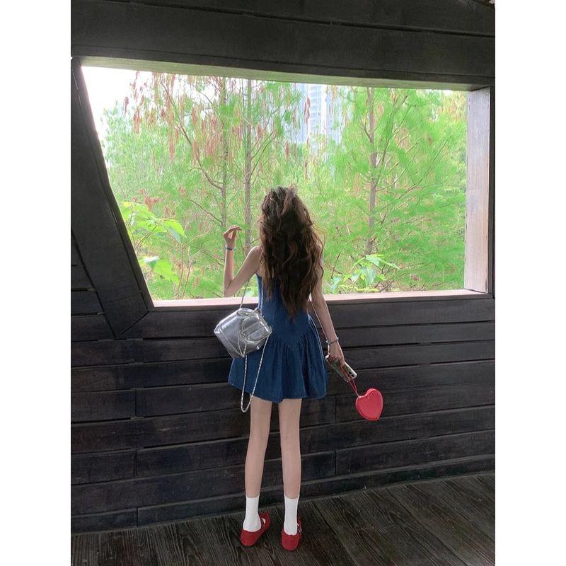 Kumikumi Elegant All-Match V-neck Denim Sling One Piece Dress Women Clothing Summer High Sense Waist Hugging Slimming Short Dress
