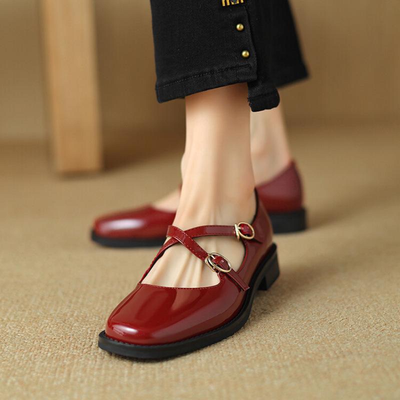 New comfortable patent leather single shoes square head low heel large size shoes red small leather shoes low top shallow mouth square heel women's si