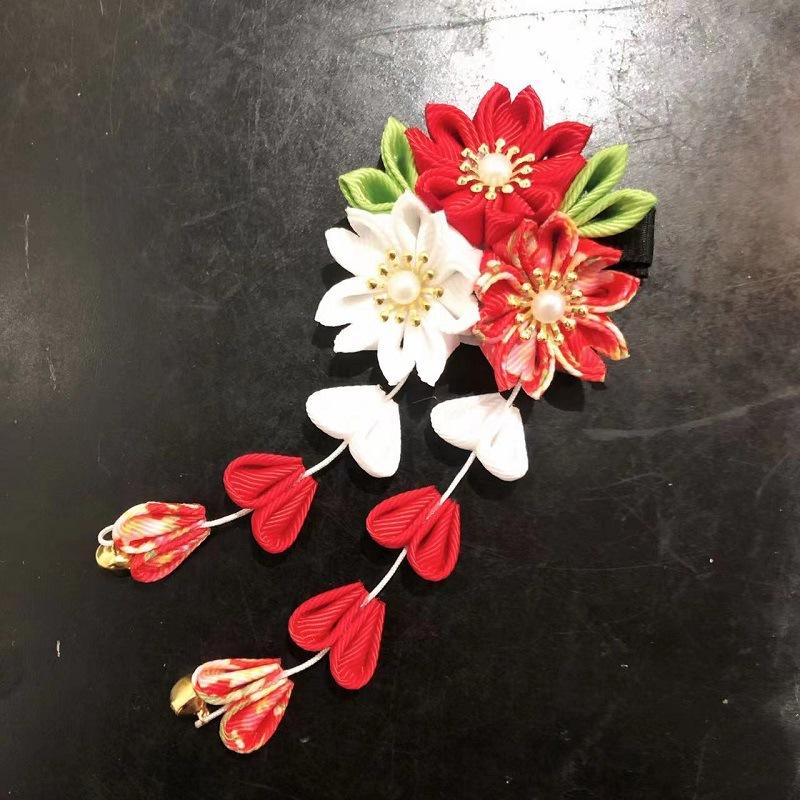 Handmade Flower Hair Clip Ancient Style Cloth Material Japanese Kimono Headwear Flower Design Sweet Tassel