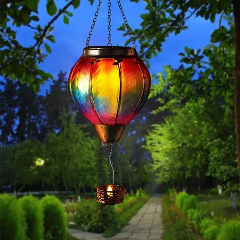 Vintage Solar Garden Lamp LED Flame Effect Hot Air Balloon Outdoor Decor Metal Glass Flickering Lawn Light Waterproof