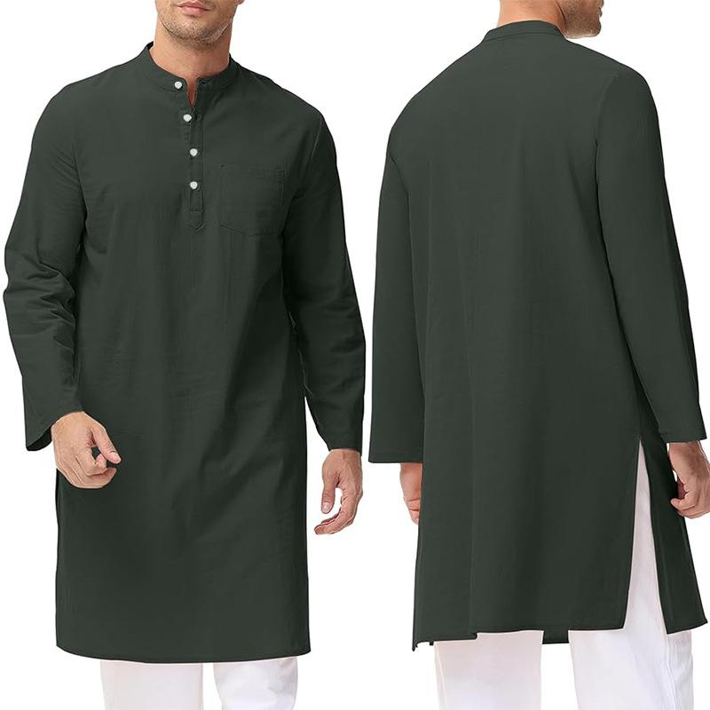 Heren Etnische Stijl Gewaad Lange Mouw Katoen Thobe Zijsplit Knopen Gewaad Henley Casual Shirt Heren Ademend Los Traditioneel Midden-Oosten Dagelijkse Kleding