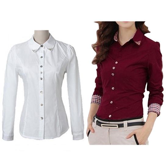 Shirt Turn-down Collar Slim Cotton Long Sleeve Collared Tops for Office