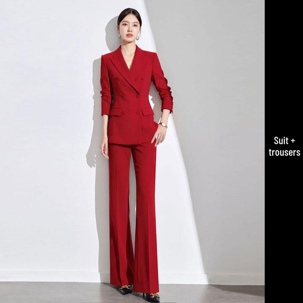 2026 Red Double-Breasted Slim-Fit Suit Set: Spring/Autumn Professional Host Wear