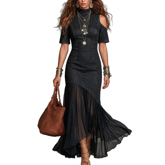 Women Denim Dress, Mesh Patchwork Mock Neck Jeans Midi Dress, Short Sleeve Cutout A-Line Swing Dress