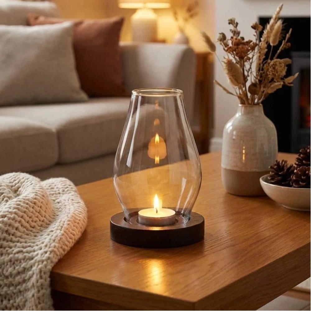 Solid Wood Base Glass Candle Holder Windproof Incenses Stove Lamp  Indoor Environment