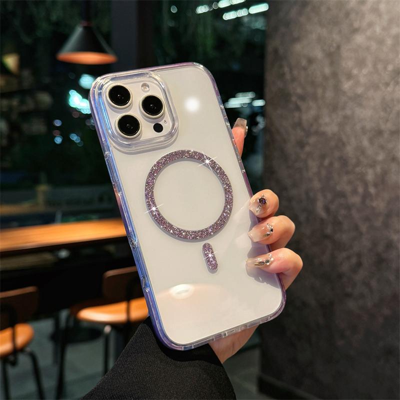 Luxury Glitter Magsafe Wireless Charge Case for iPhone 16 15 14 13 12 Pro Max Plus Magnetic Plating Clear Hard Back Cover