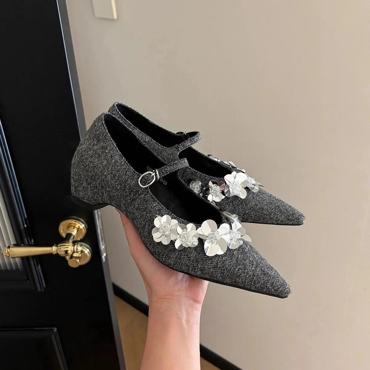 

Lamb Skin Mary Jane Single Shoes Pointed Toe Thick Heel Buckle Design Women s Fashionable Inner Heightening Slip-On Shoes 40 сірий колір