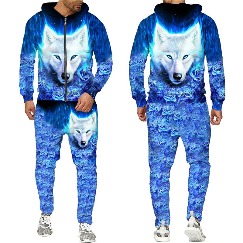 Tuta colorata con stampa 3D lupo Cool Hip Hop Streetwear Felpa con cappuccio con cerniera Tuta Uomo Donna Felpa con cappuccio casual Pantaloni da jogging