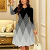 Women Long Sleeve Round Neck Midi Dress Abstract Geometric Floral Plum Blossom Stripe Dot Print Flared Dress