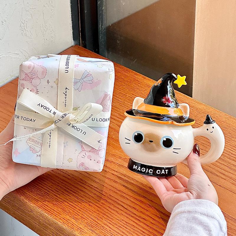 Creative Halloween gift magic hat cat ceramic mug with lid for girls practical mug souvenir gift box