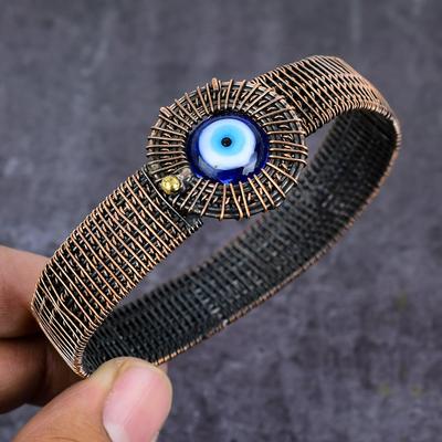 Natural Blue Evil Eye Gemstone Copper Wire Wrap Cuff Bangle Adjustable V4o83