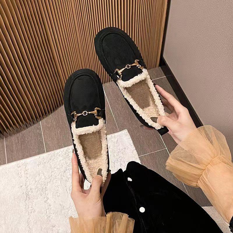 Mao Mao Shoes Women's Winter Retro Flat-soled Soft-soled One-pedal Plush Warm Cotton Shoes Wear Loafer Beanie Shoes