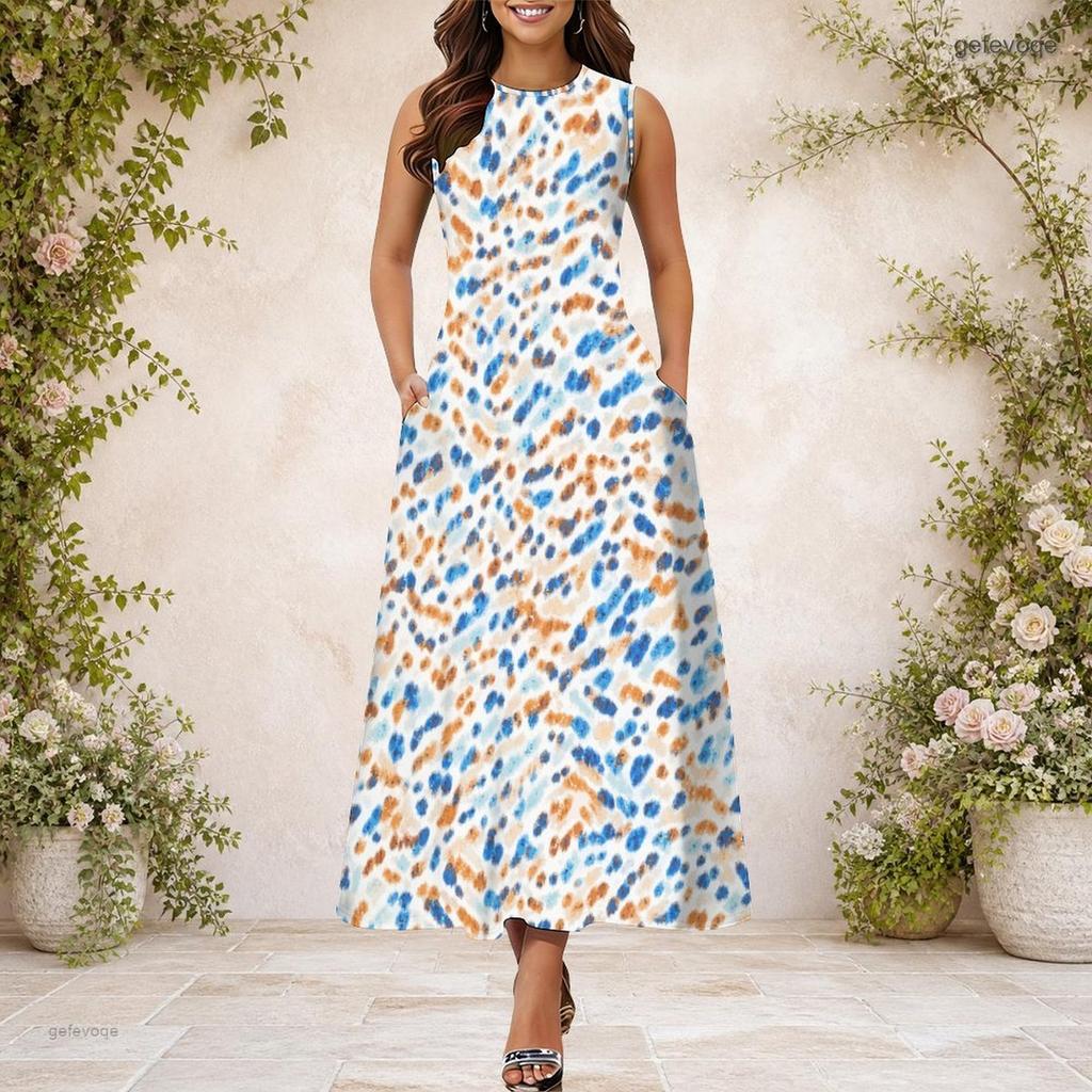 Women Plus Size Round Neck Sleeveless Black Grey Patchwork Print A Line Long Dress With Side Pockets