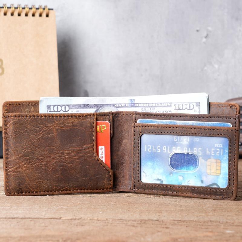 Men's Crazy Horse Skin Genuine Leather Wallet Short, 20% Off USD Clip, Retro Card Bag