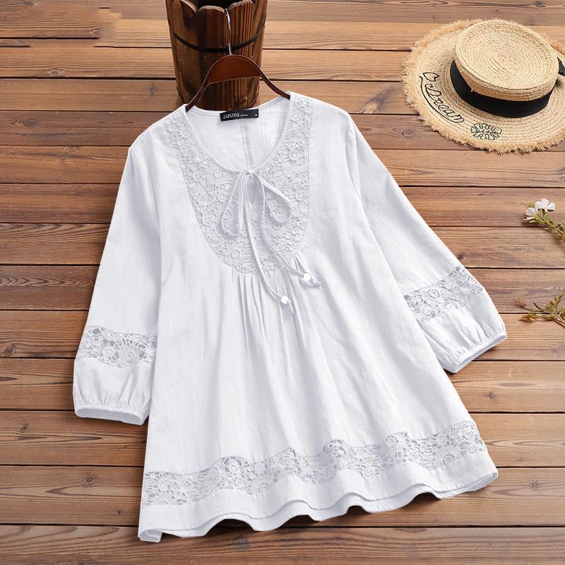 New Cotton Linen Patchwork Lace 3/4 Sleeve Loose Fit Women's Top