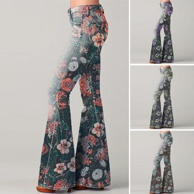 Women Denim Pants High-Waisted Floral Print Flared Jeans with Pockets Belt Ring Lightweight Breathable Jeans