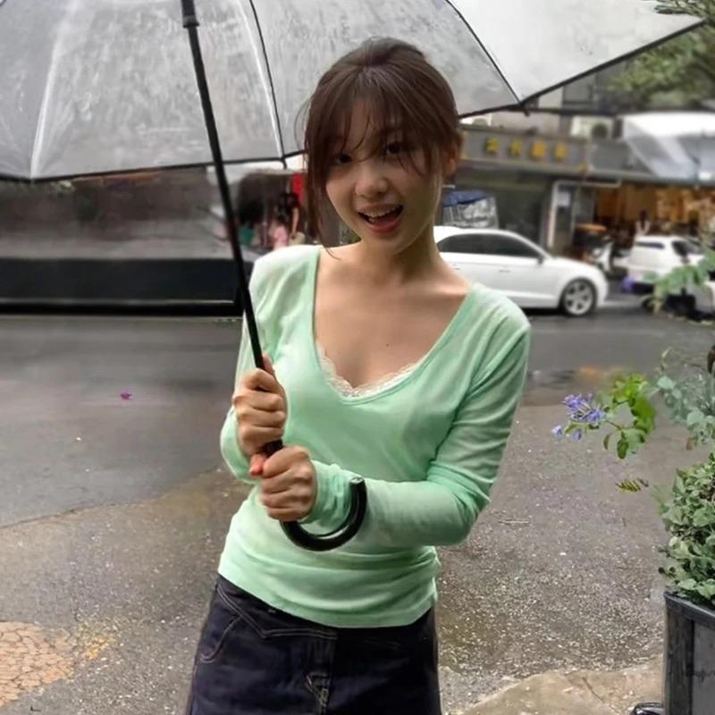 KOSY Harajuku Green T-shirt Women V Neck Solid Tee Tops Y2k Vintage Tops Streetwear Japanese See Through Tshirts