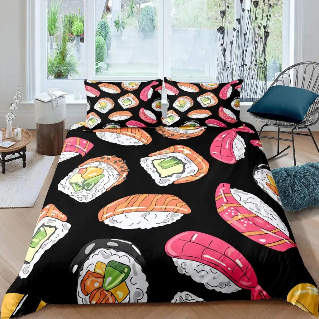 Sushi Comforter Cover,Kawaii Rice Printed Duvet Cover,Cartoon Sushi Food Bedding,Salmon Caviar Sushi Japanese Style Quilt Cover