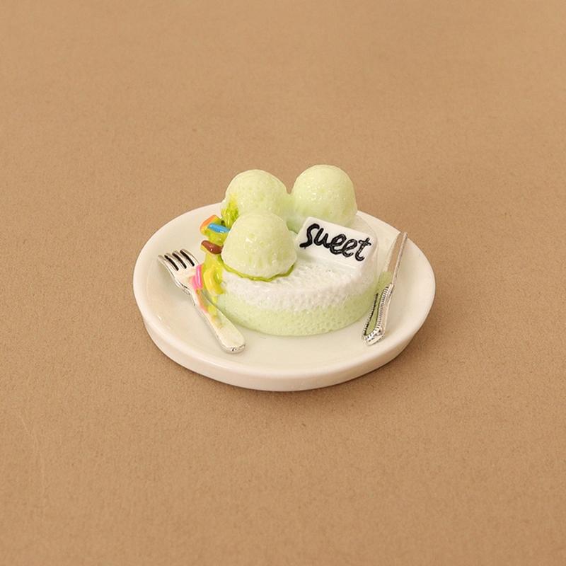4Pcs 1:12 Dollhouse Miniature Simulated Dessert Cake Mini Tableware Plate Spoon Fork Food Dessert Tray Model Kitchen Decor Toys