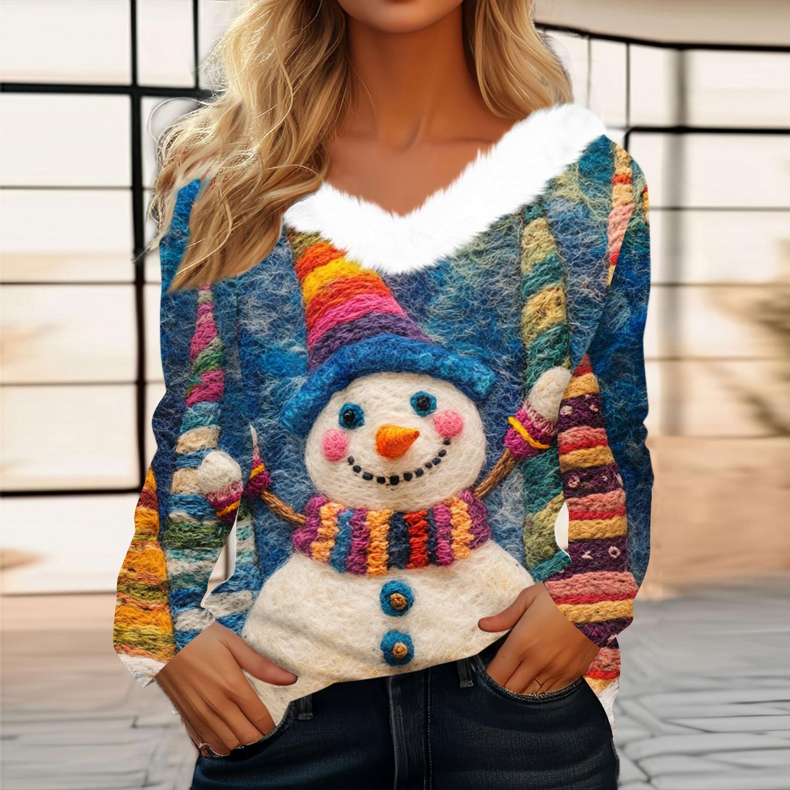 

Женская футболка, рождественская рубашка с длинным рукавом, вечерние, рождественский флисовый воротник, топ с v-образным вырезом L синий