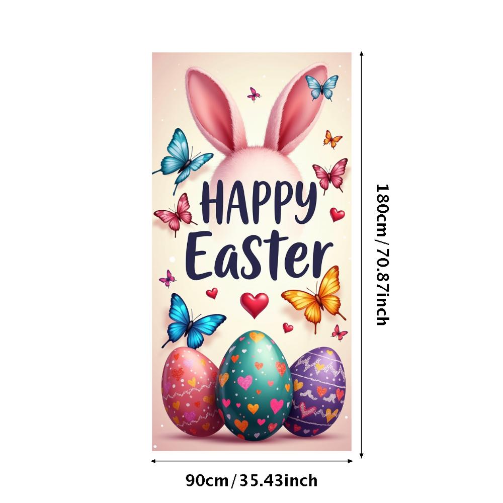 Happy Easter Banner Bunny Ears With Colorful Eggs Butterflies Backdrop Decorations Spring Celebration Background Party Supplies