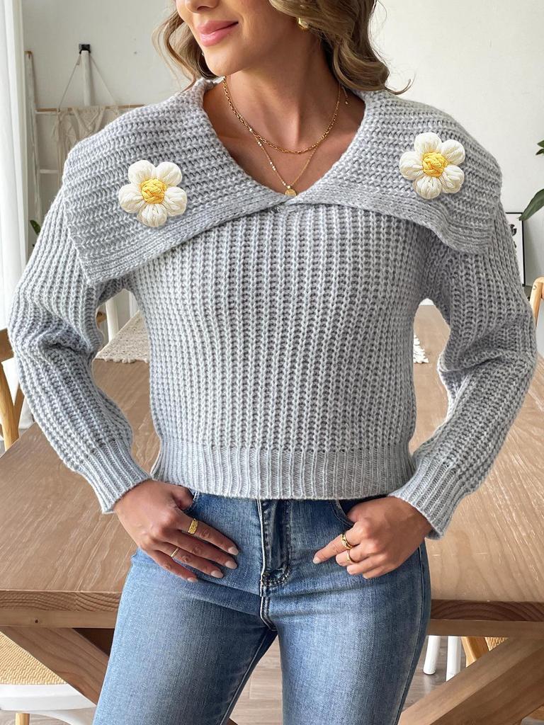 Women's Hand-Crocheted Flower Patchwork Pullover Sweater with Large Lapel - Autumn/Winter Collection