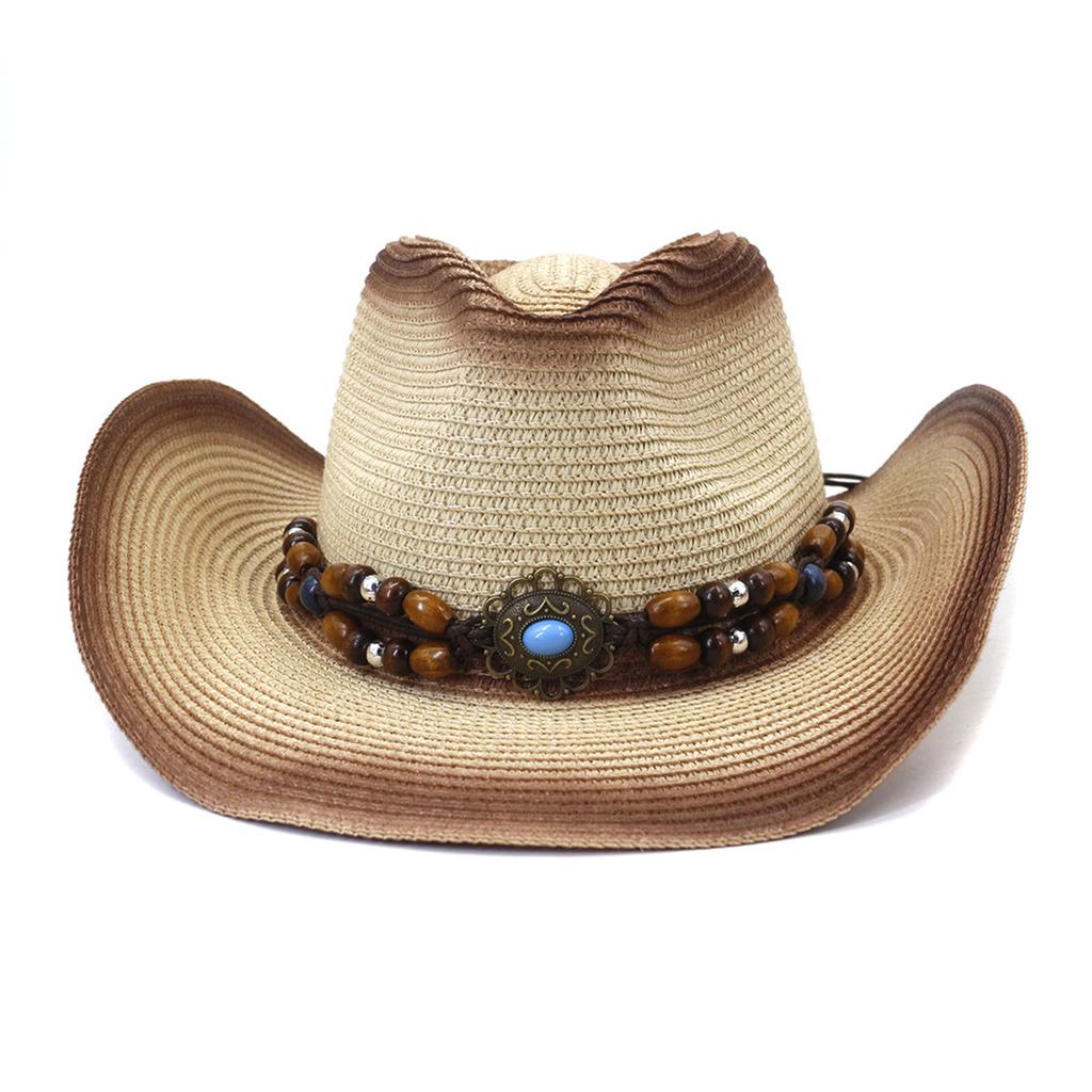 Decorative Beaded Straw Cowboy Hats Women Men Summer UV Protection Beach Holiday Sun Caps Outdoor Wide Brim Cowgirl Hats