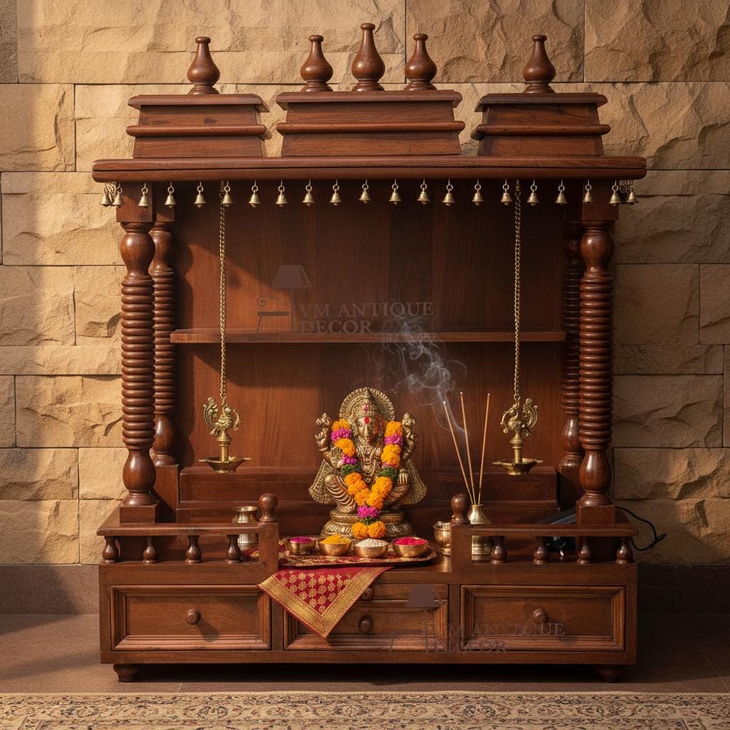 Wood Wall Mandir Temple | Home Decor Religion Temple Idol-Wood Mandir with Bells and Storage  Traditional Home Temple Design for Prayer