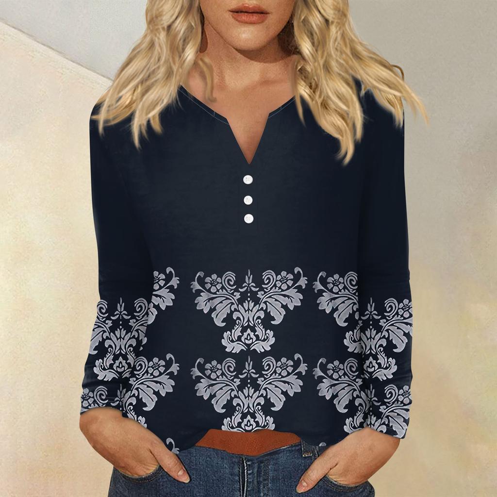 Women's Fashion Casual Printed V-neck Long Sleeve Button Up T-shirt Top
