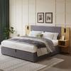 Upholstered Bed 160 X 200 Cm, Hydraulic, with USB Port, Including Two Nightstands, Wooden Slatted Frame, Easy Assembly, Velvet, Grey + Natural