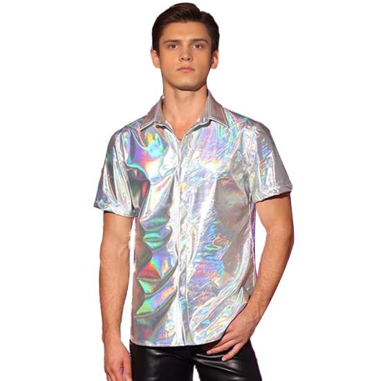 Pánská lesklá metalická košile s krátkým rukávem s klopou, zapínací na knoflíky, třpytivý disco outfit pro pódiové vystoupení, noční klub, taneční párty, bar