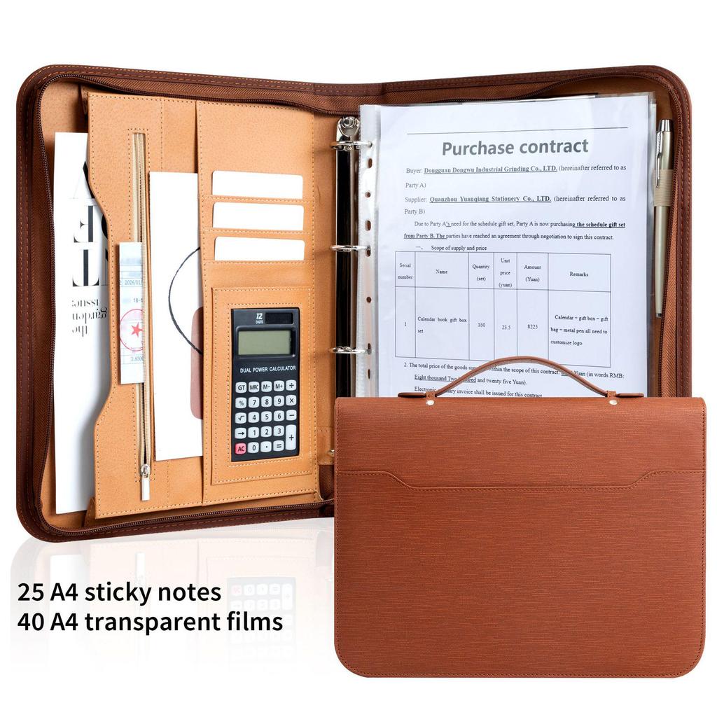 A4 Leather Manager Portfolio with Calculator - Portable, Multifunctional Zipper Folder for Customer Meetings and Room Transactions