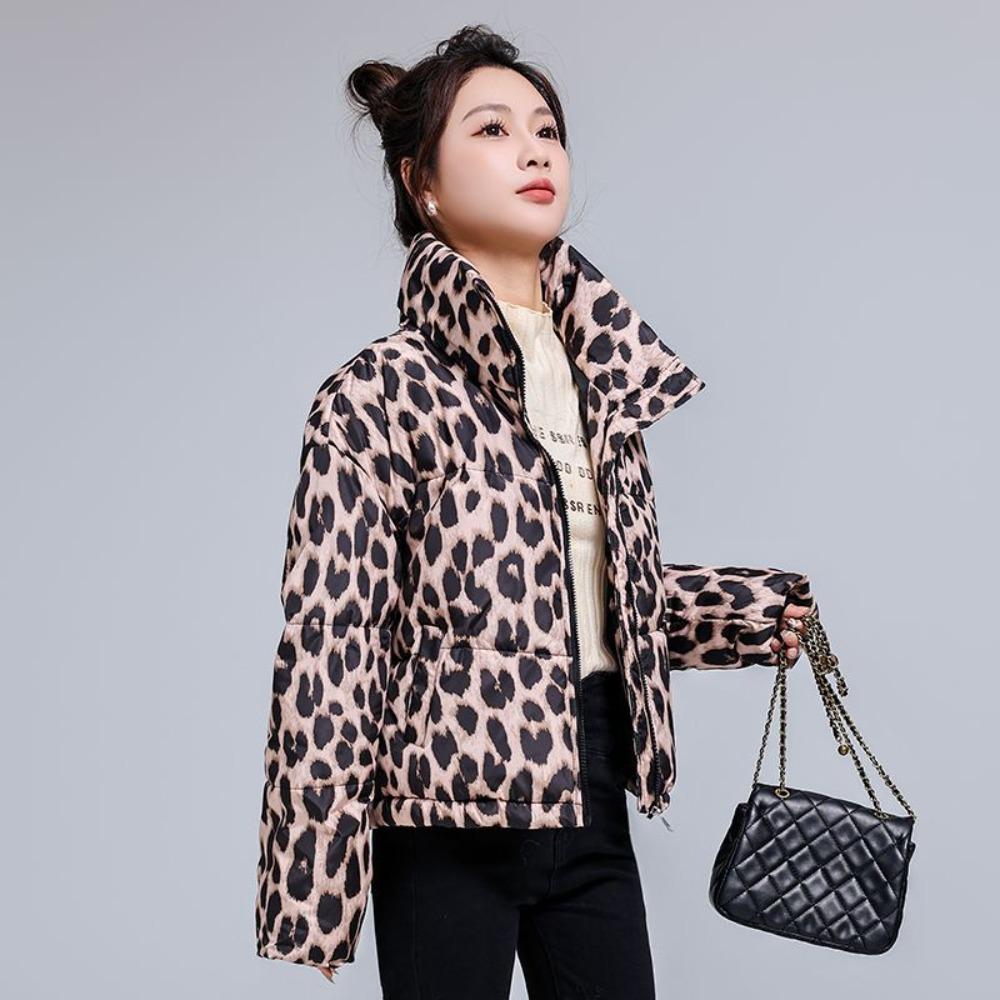 2025 New Short Printed Leopard Print Padded Jacket, Loose and Thickened Foreign Style Stand-up Collar Down Padded Jacket In Winter