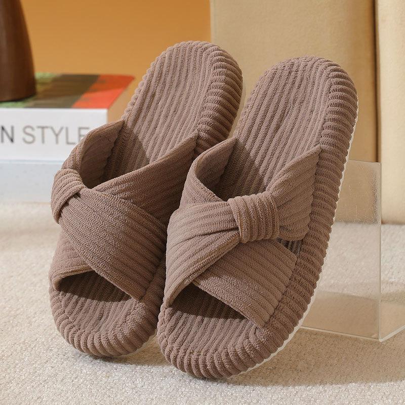 Fashion Indoor Corduroy Slippers for Women Fashion Cross Strap Cotton Slippers Woman Non Slip Platform House Cotton Slides Femle