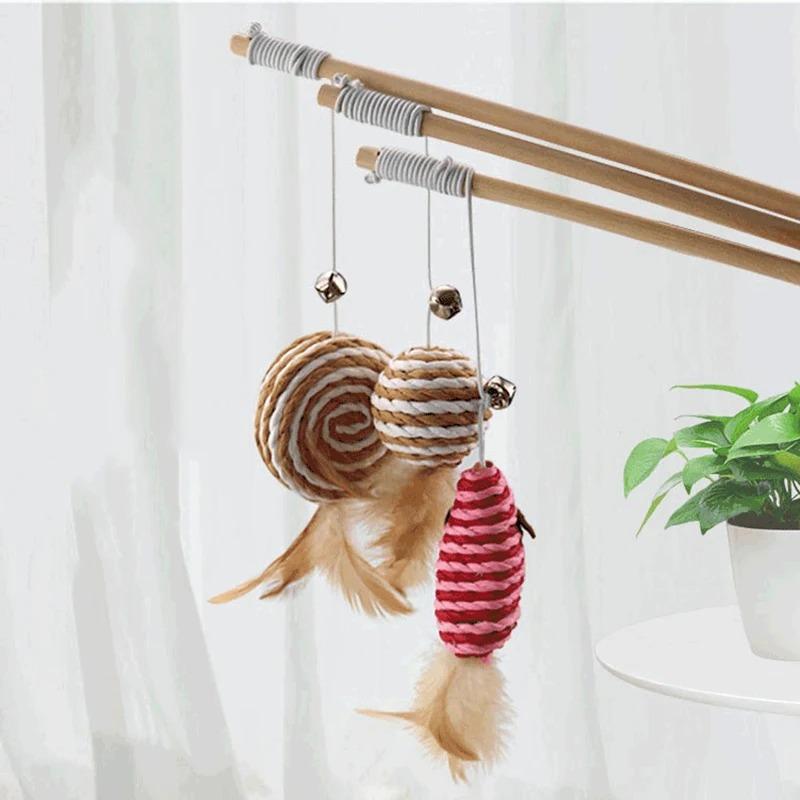 Funny Interactive Cat Teaser Toys with Feather 40CM Wooden Stick, Mice Fish Chick Design, Kitten Playing Teaser Wand Pet Accessories for Cats