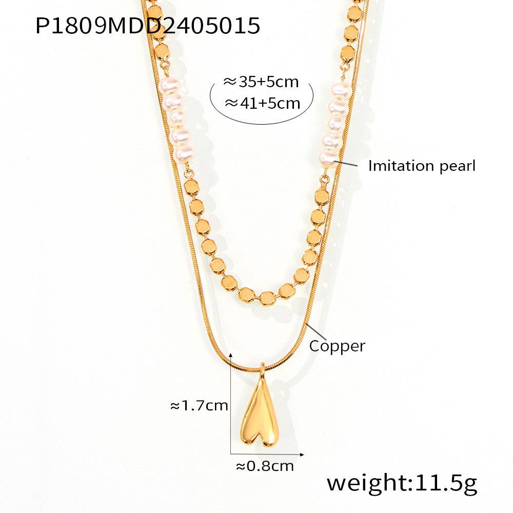 European Style Heart Pendant Faux Pearl Double Layer Copper 18k Gold-Plated Women s Necklace