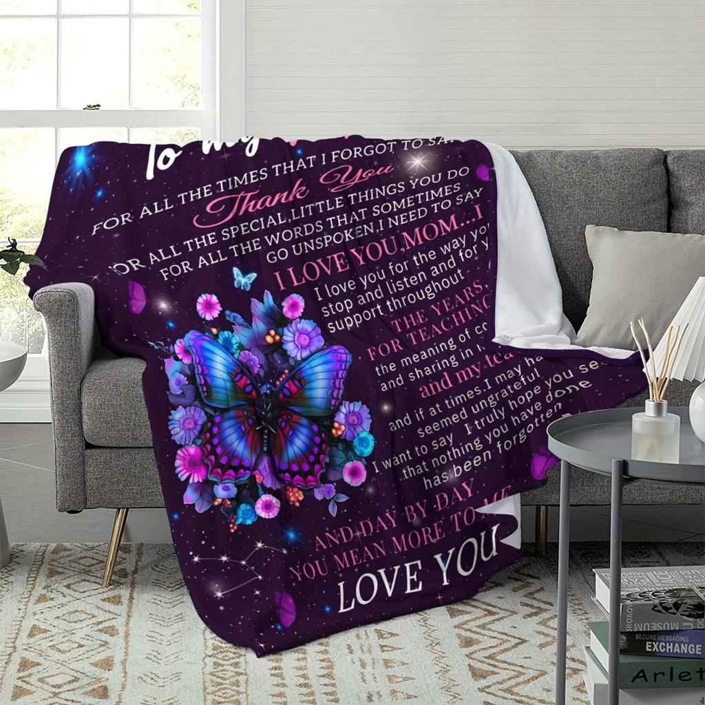 To My Mom Flannel Blanket Purple Butterfly Text Printed for Kids Bedroom Decoration Warm Soft Comfertable Blanket for Sofa Chair