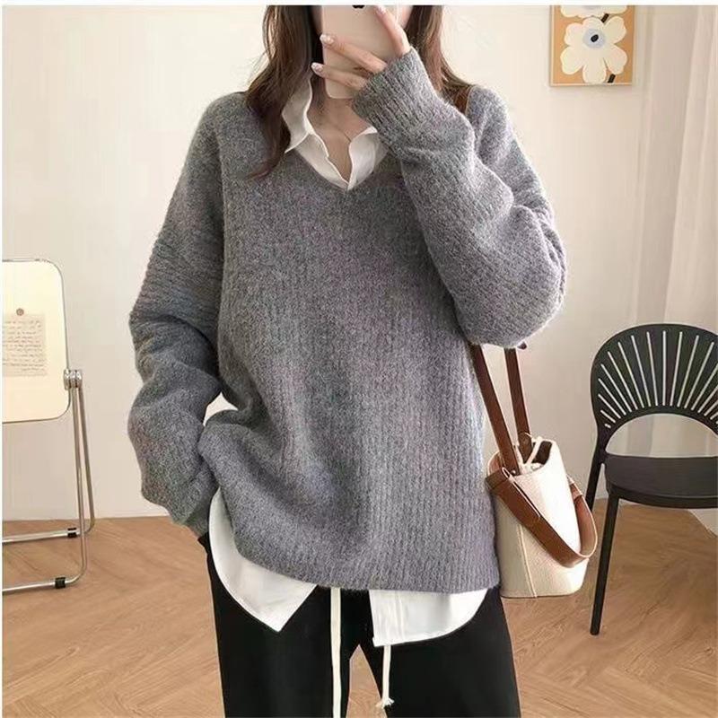 Lazy V-neck Pit Strip Autumn and Winter New Loose Design Sense Knitted Pullover Sweater Women Wear Simple Large Size Outside Wear