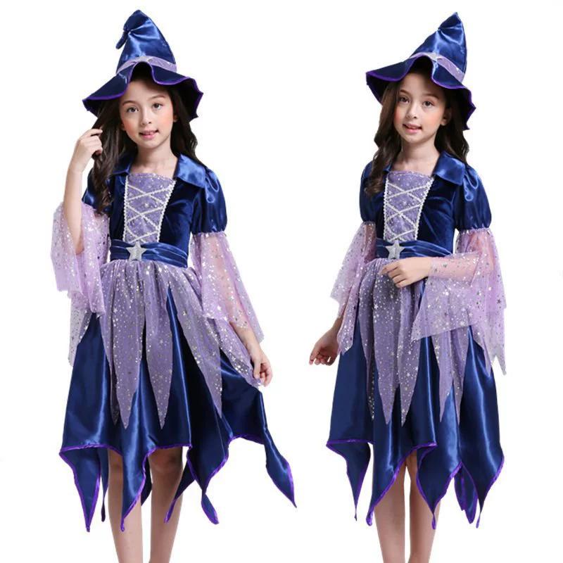 Halloween Party Costumes Witch Dress for Girls Kids Cosplay Carnival Witch Costume Pumpkin Dress Up With Bag Hat Wand Clothing