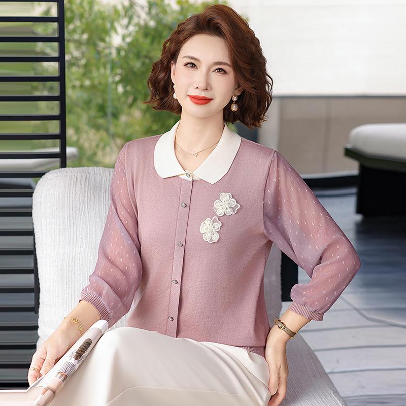 Spring Arrival: Loose Lapel Knit Top for Middle-Aged & Elderly Women – Lightweight, Stylish T-Shirt for Spring/Summer